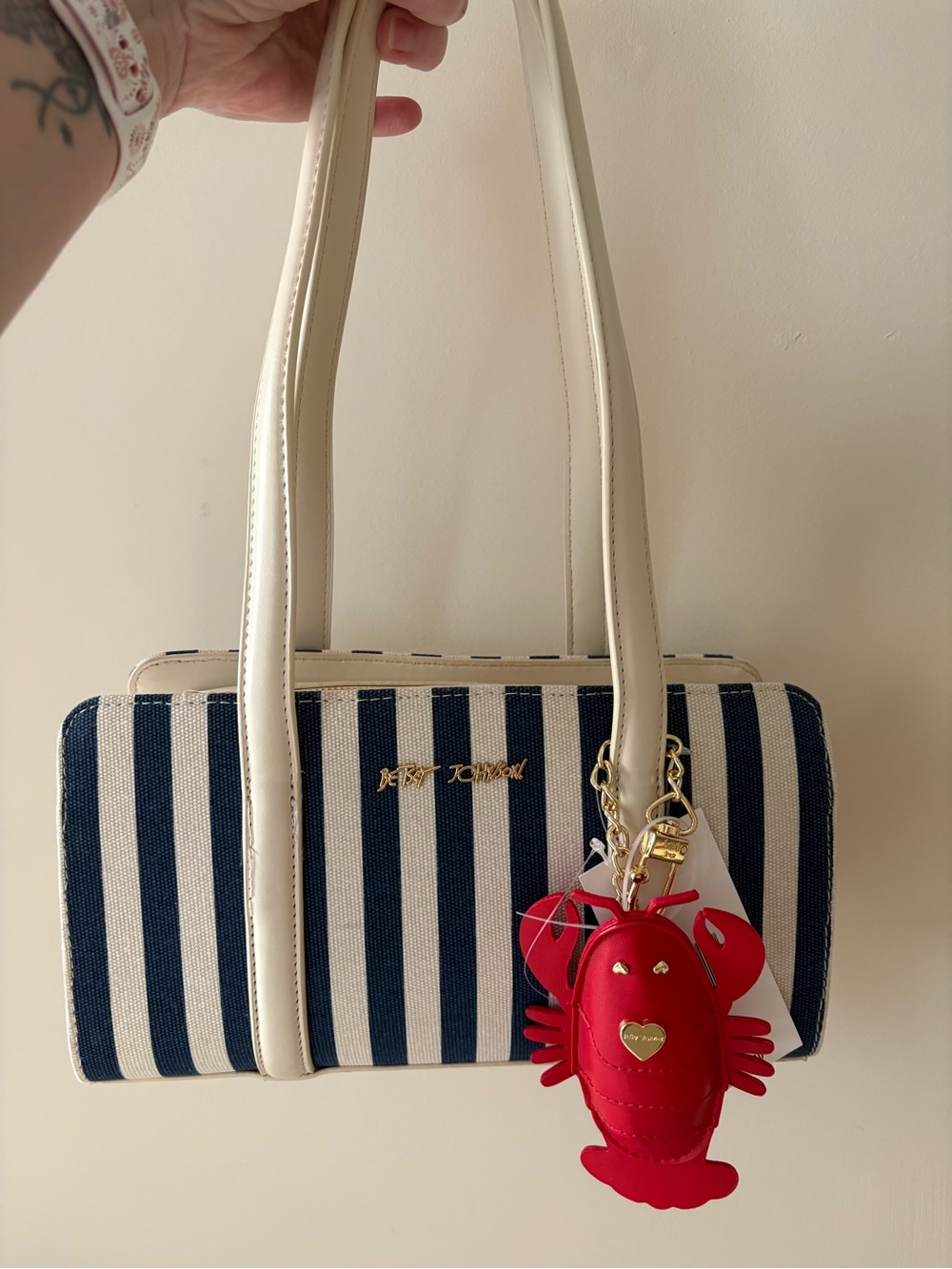 Betsey Johnson Navy & Cream Striped Shoulder Bag with Red Lobster Charm - Picture 7 of 13